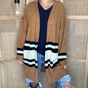 Impeccable pig color block neutral cardigan large Brown long